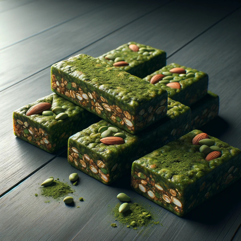 Nahaufnahme von Matcha Energy Bars mit Nüssen und Samen, perfekt als gesunde und energiegeladene Snackoption.