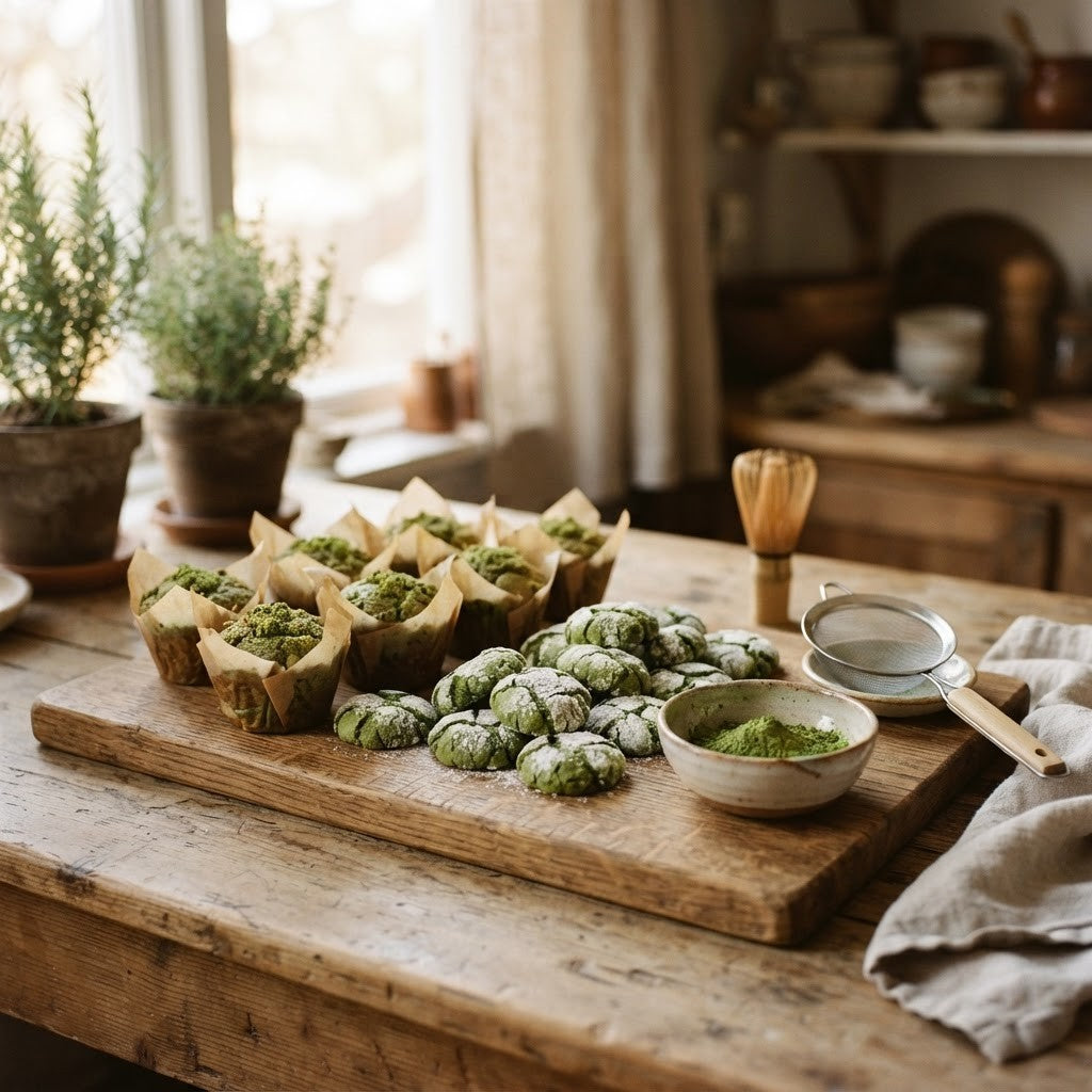 Frisch gebackene grüne Matcha Muffins und Cookies auf einem Holzbrett neben einer Schale Matcha Pulver