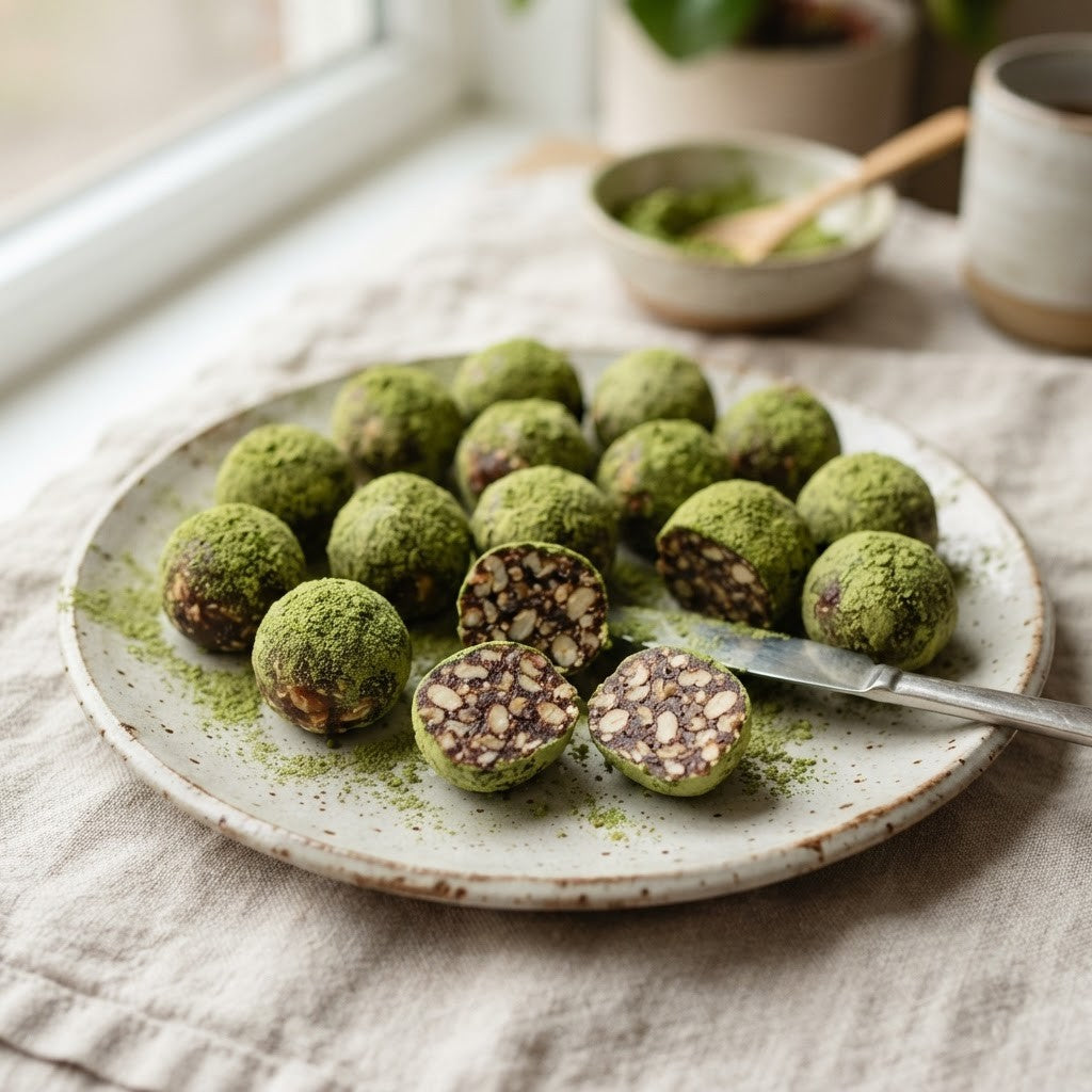 Teller mit runden, in Matcha gewälzten Dattelbällchen, einige davon halbiert