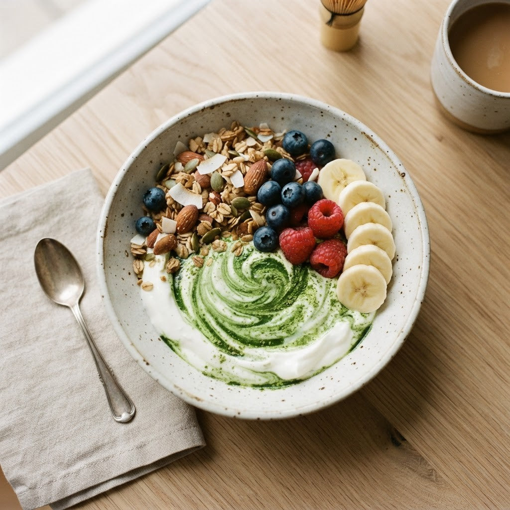 Keramikschale mit Joghurt, einem grünen Matcha Wirbel, Granola, Beeren und Bananenscheiben