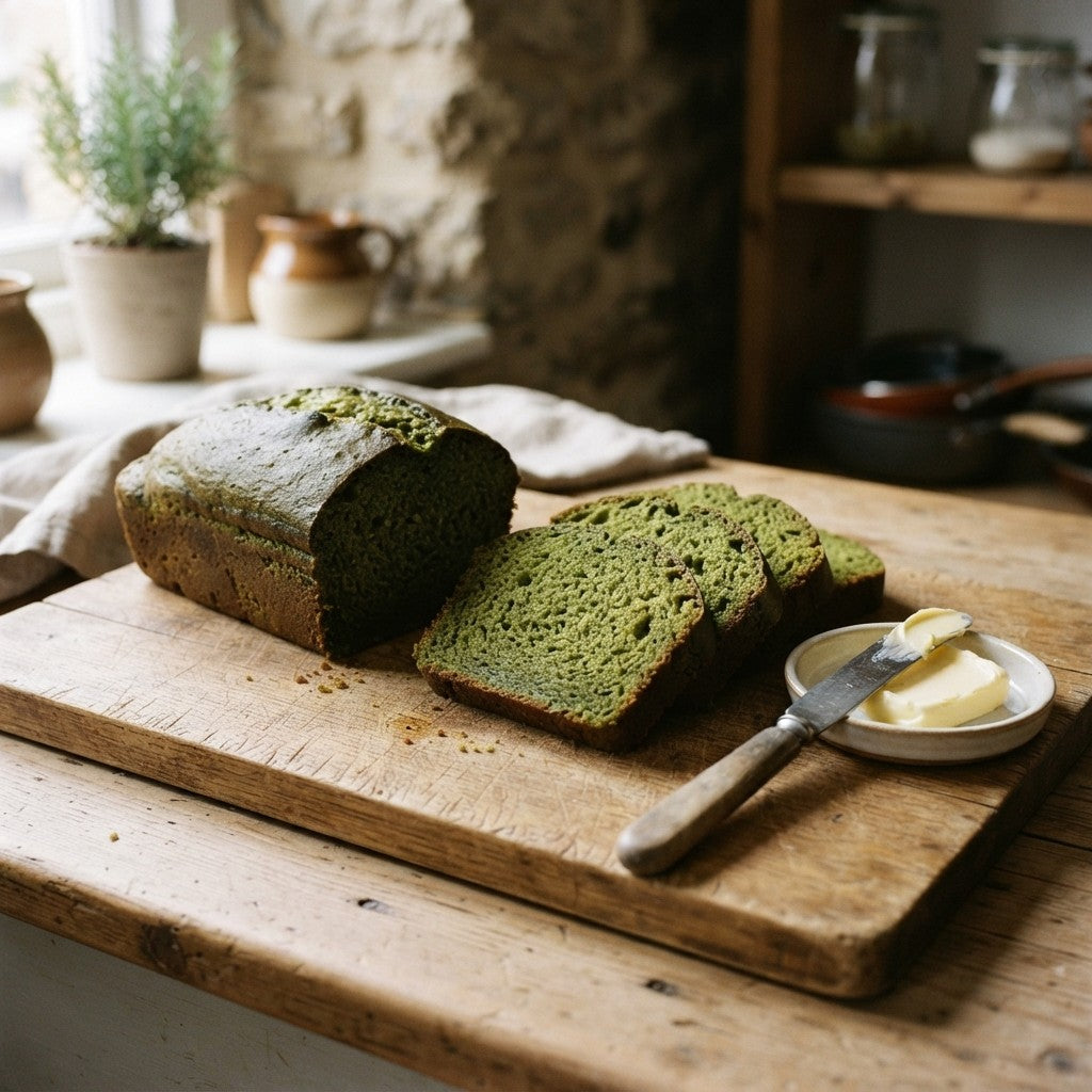 Aufgeschnittenes grünes Matcha Brot mit Butter auf einem rustikalen Holzbrett