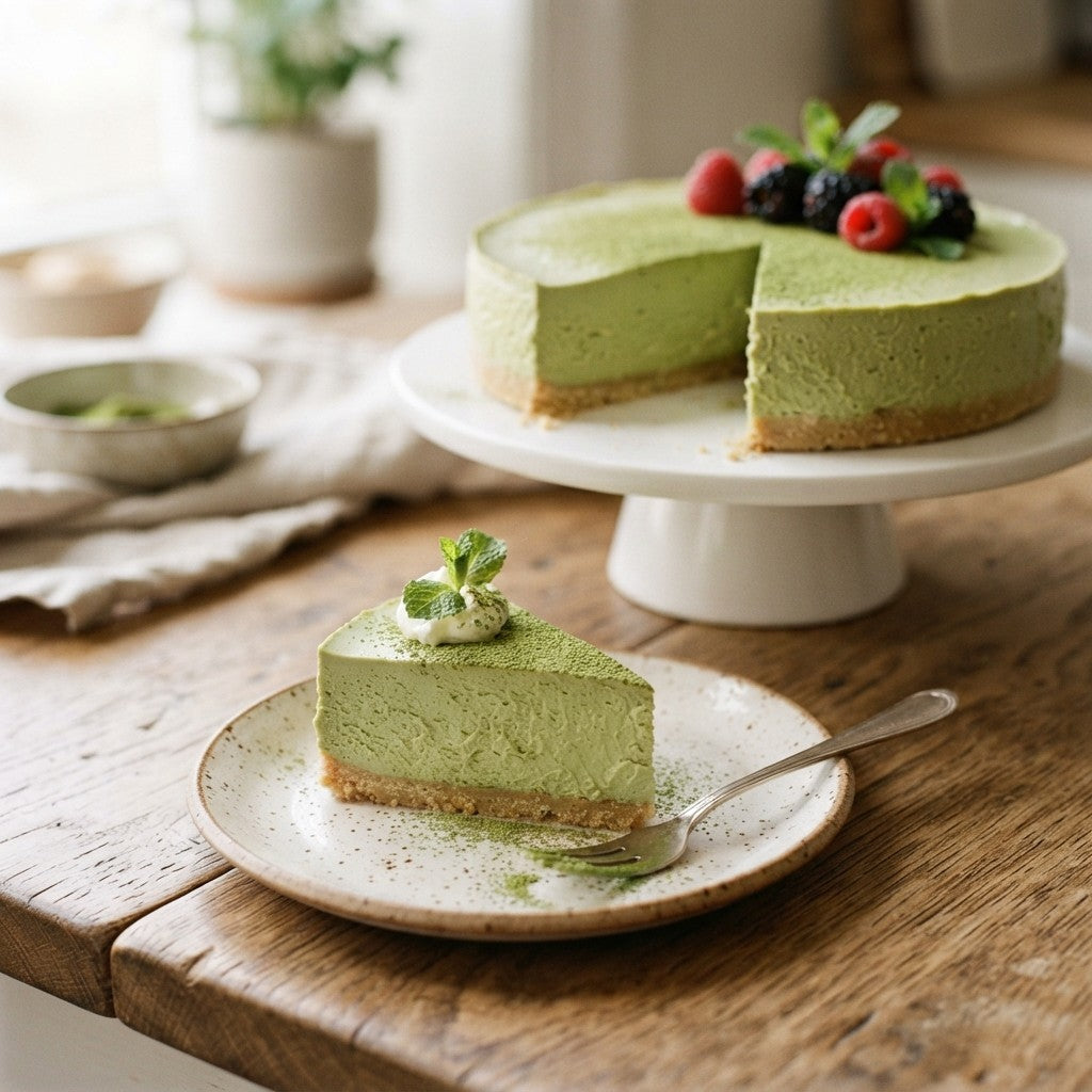Grüner Matcha Cheesecake auf einer Kuchenplatte mit Beeren, davor ein Kuchenstück mit Minzblatt auf einem Teller