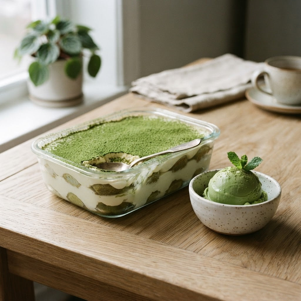 Matcha Tiramisu in einer Glasform und eine Kugel Matcha Eis in einer kleinen Schale