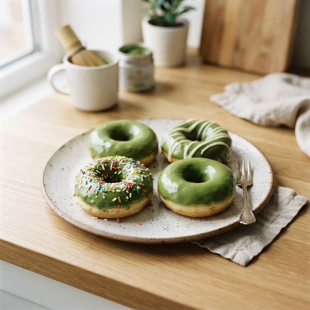 Vier grün glasierte Matcha Donuts auf einem Keramikteller, einer mit Streuseln und einer mit weisser Schokolade