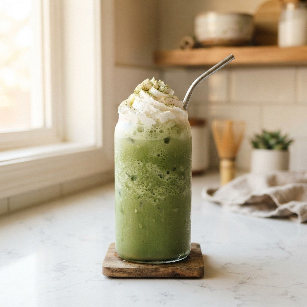 Hohes Glas mit grünem Matcha Frappé, Sahnehaube und Matcha Pulver auf einer hellen Arbeitsplatte
