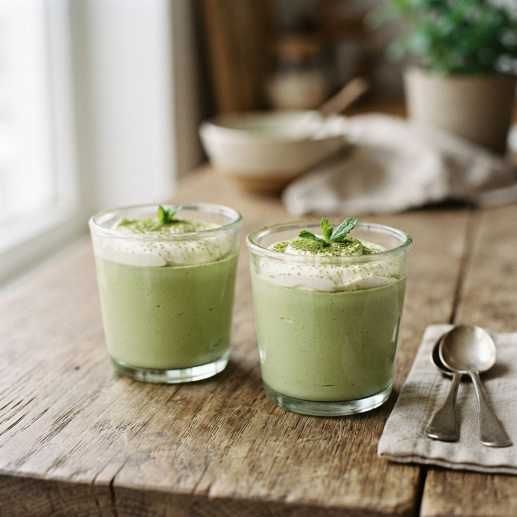 Zwei Gläser mit hellgrüner Matcha Mousse, Sahnehaube und Minzblatt auf einem Holztisch