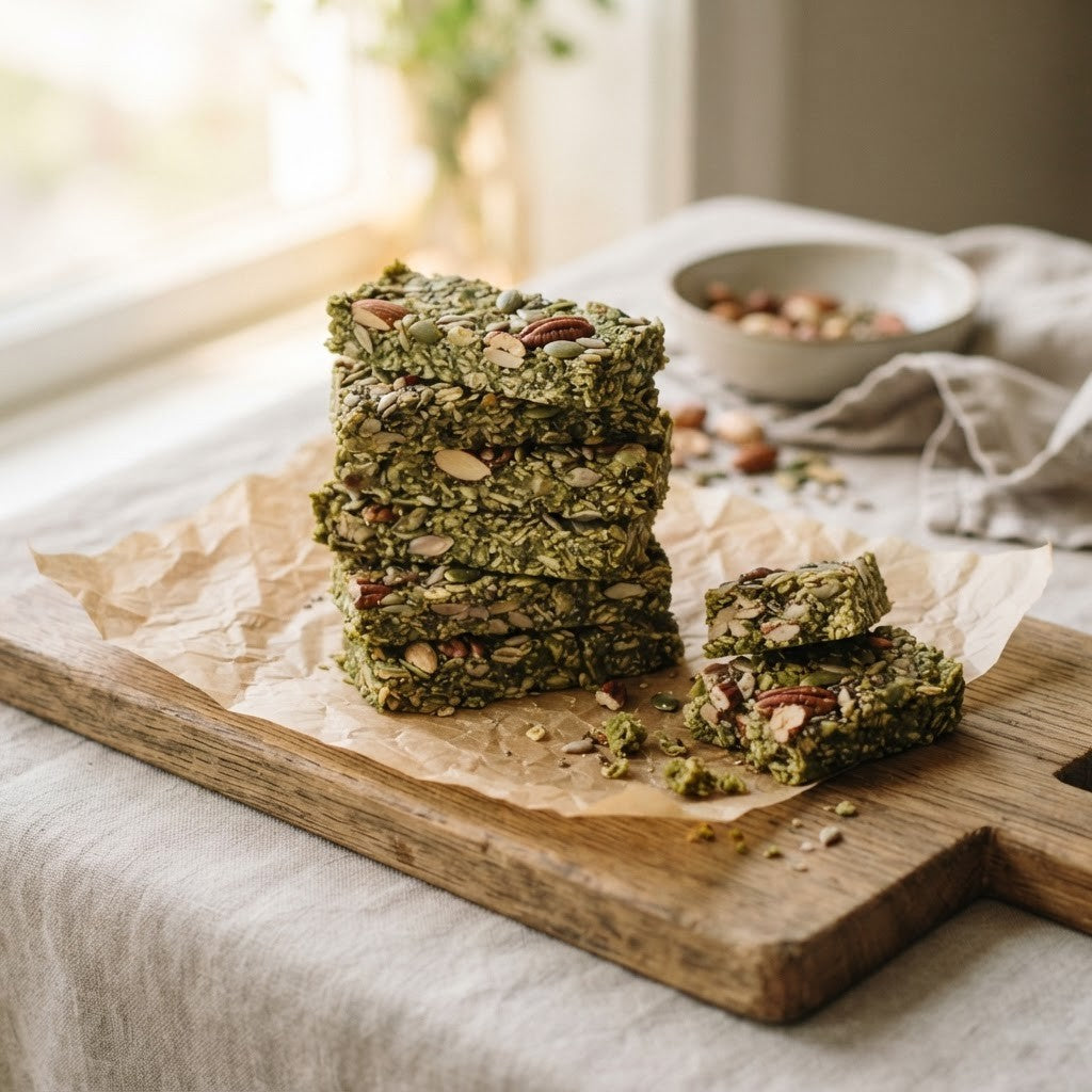 Gestapelte Matcha Müsliriegel mit Kernen und Nüssen auf Backpapier und einem Holzbrett