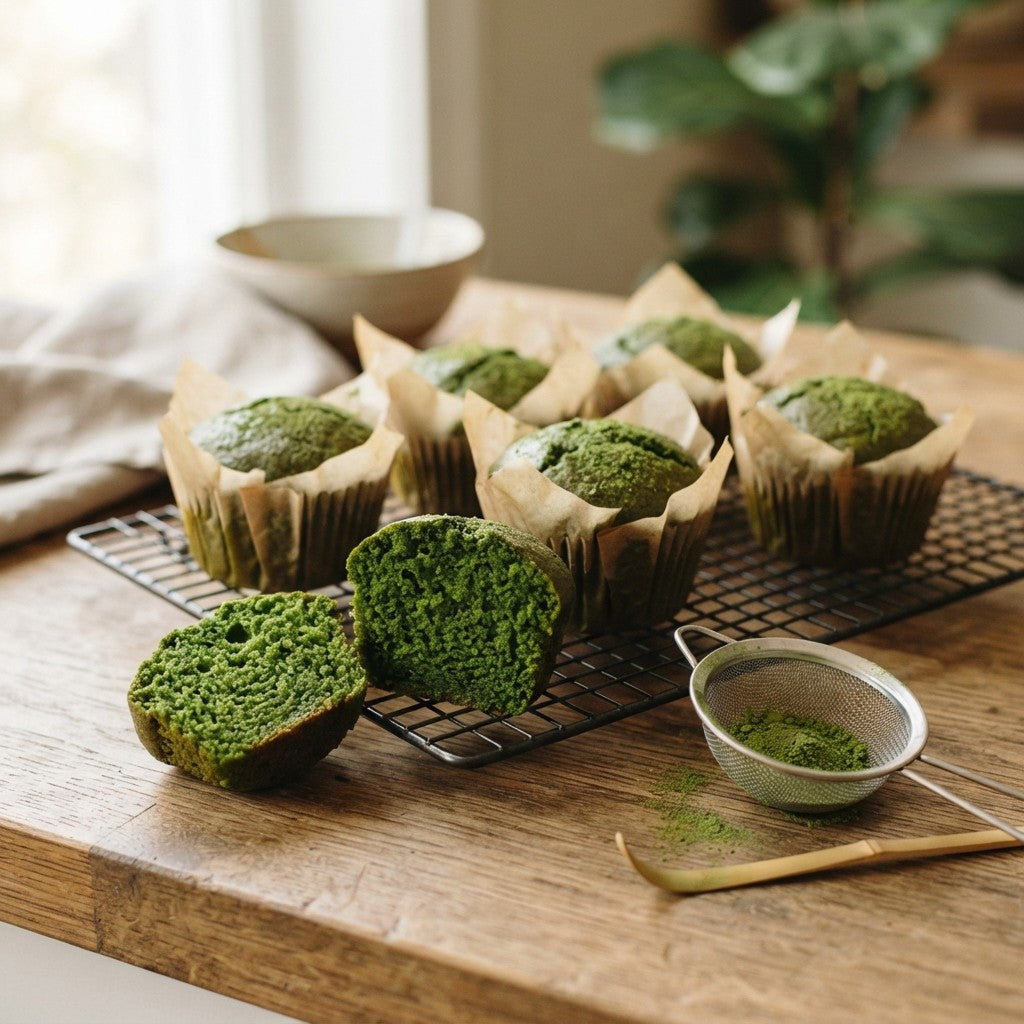 Matcha Muffins in Papierförmchen auf einem Kühlgitter, zwei halbierte Muffins zeigen den grünen Teig