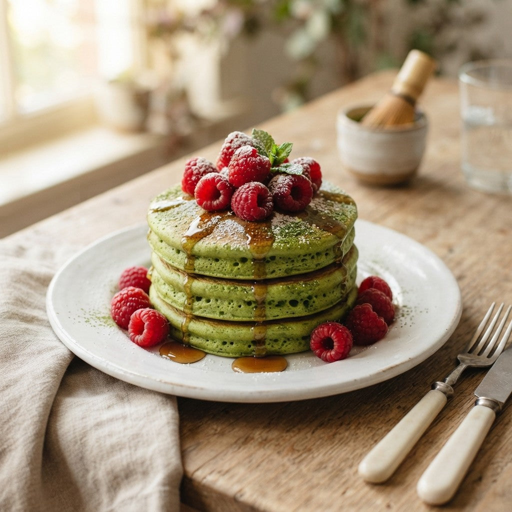 Turm aus grünen Matcha Pancakes mit Himbeeren, Puderzucker und Ahornsirup auf einem weissen Teller