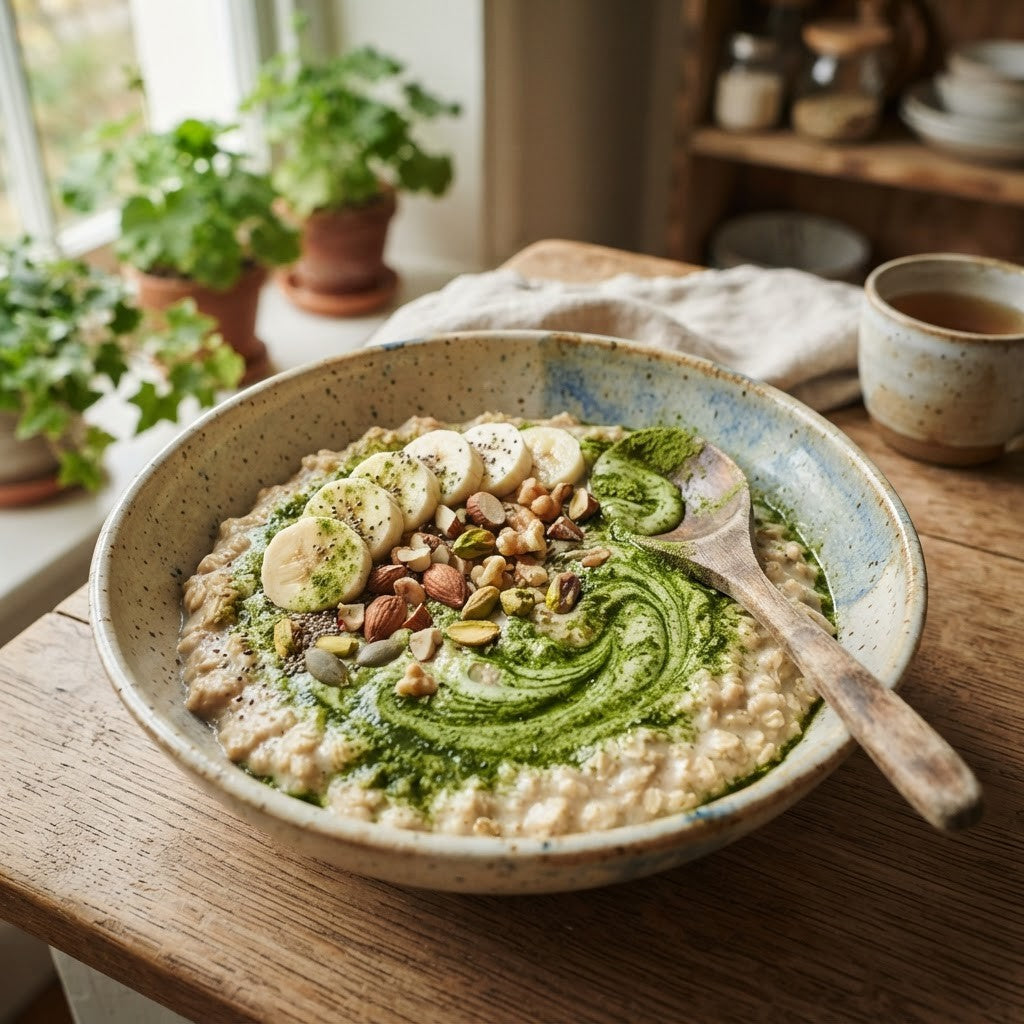 Keramikschale mit Haferbrei, einem grünen Matcha Wirbel, Bananenscheiben, Nüssen und einem Holzlöffel