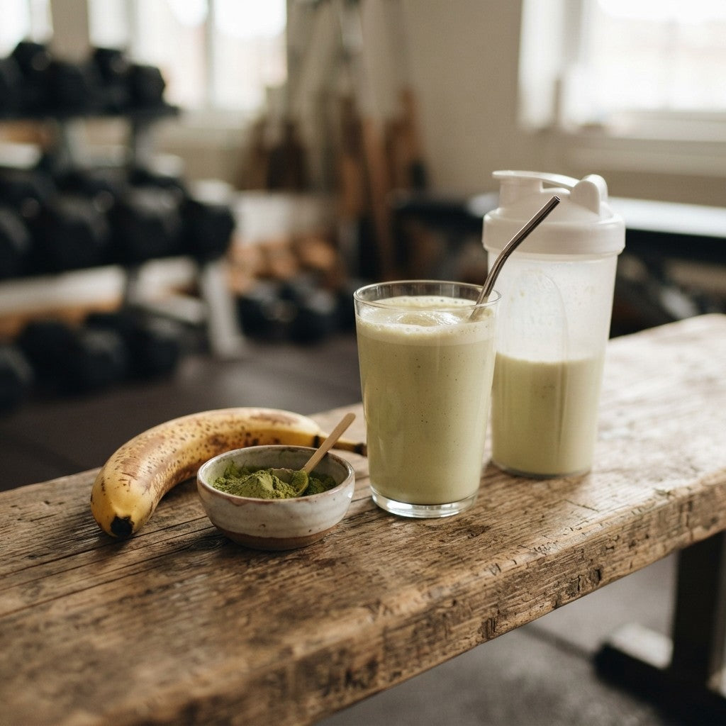 Glas und Shaker mit hellgrünem Matcha Protein Shake neben einer Banane und einer Schale Matcha Pulver