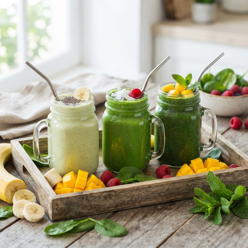 Drei grüne Matcha Smoothies in Einmachgläsern auf einem Holztablett mit Banane, Mango, Himbeeren und Spinat