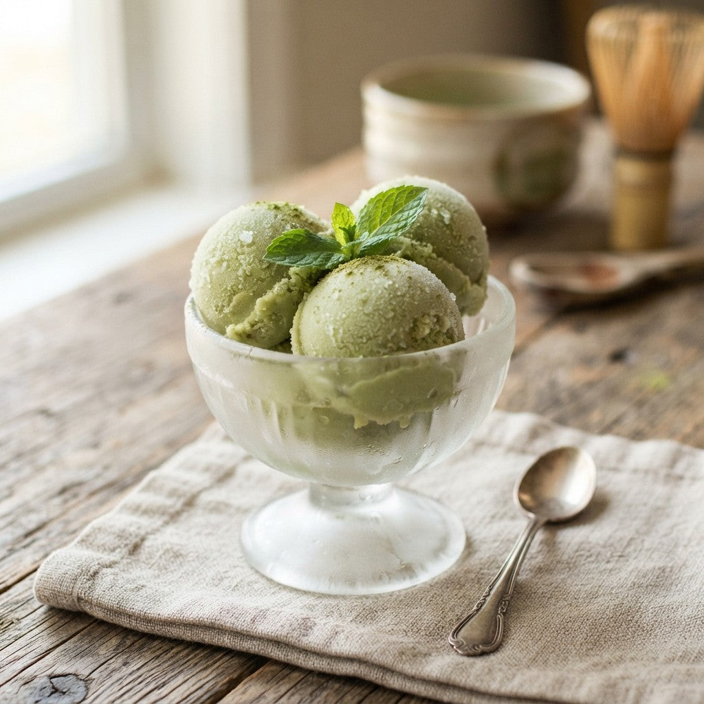 Drei Kugeln hellgrünes Matcha Sorbet in einer Eisschale mit Minzblatt auf einem Leinentuch