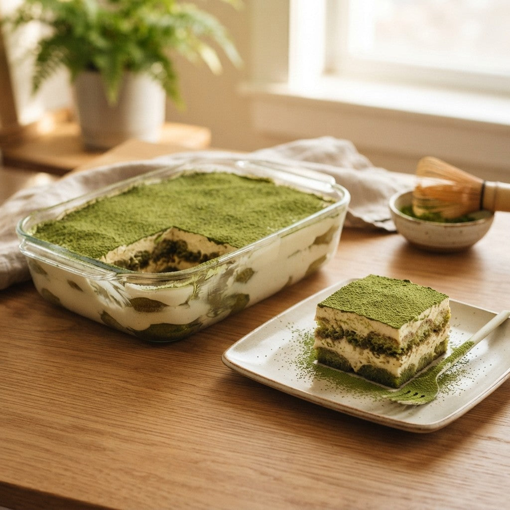 Matcha Tiramisu in einer Glasform mit Matcha bestreut, davor ein Portionsstück auf einem Teller
