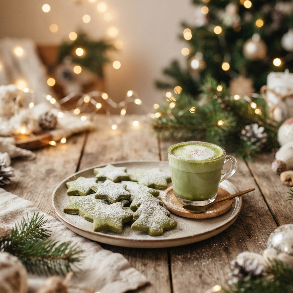 Teller mit grünen Matcha Plätzchen in Stern- und Tannenform und ein Matcha Latte vor weihnachtlicher Dekoration