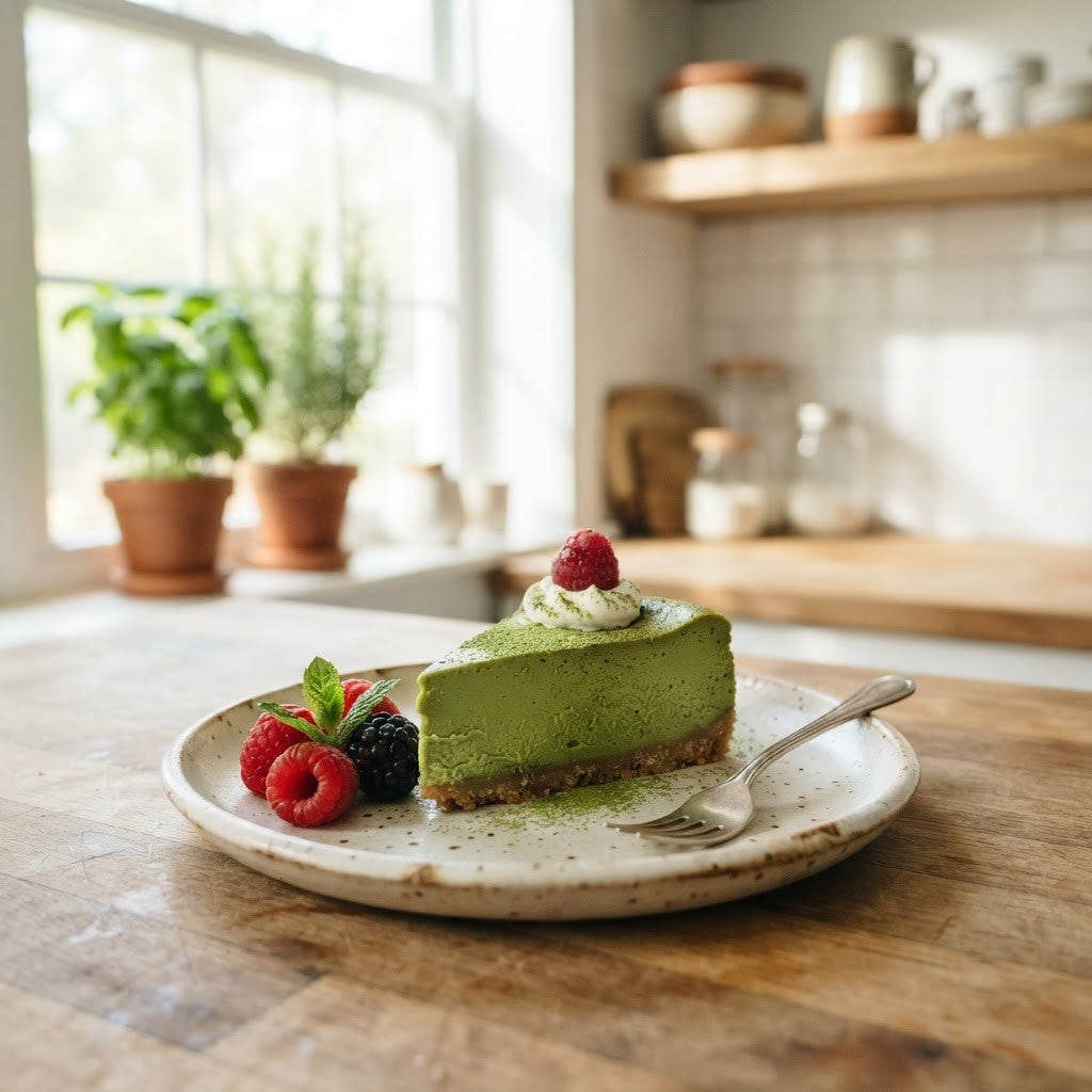 Ein Stück grüner Matcha Cheesecake mit Beeren auf einem Teller