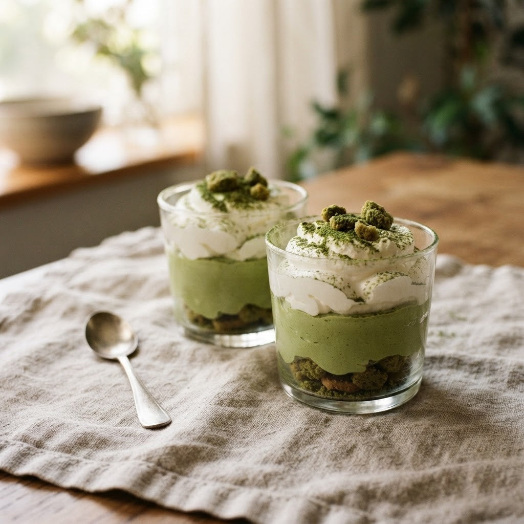 Zwei Gläser mit geschichtetem Matcha Dessert, Sahne und Keksbröseln
