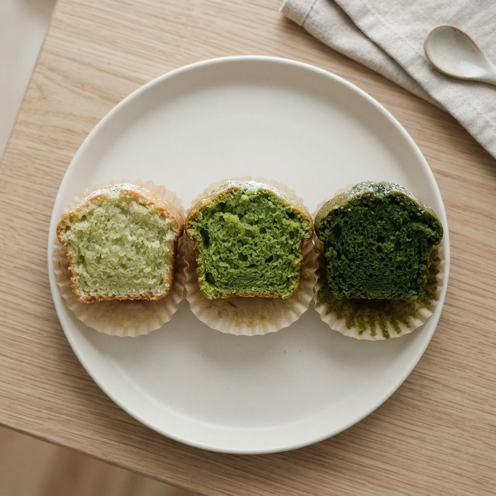Drei aufgeschnittene Muffins mit hellgrünem, mittelgrünem und dunkelgrünem Teig im Vergleich