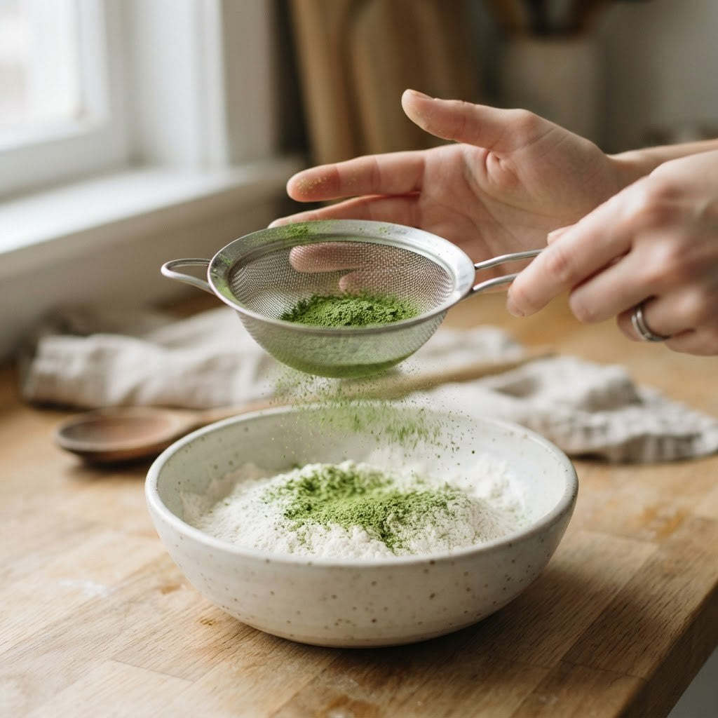 Matcha Pulver wird durch ein feines Sieb über Mehl in einer Schüssel gesiebt